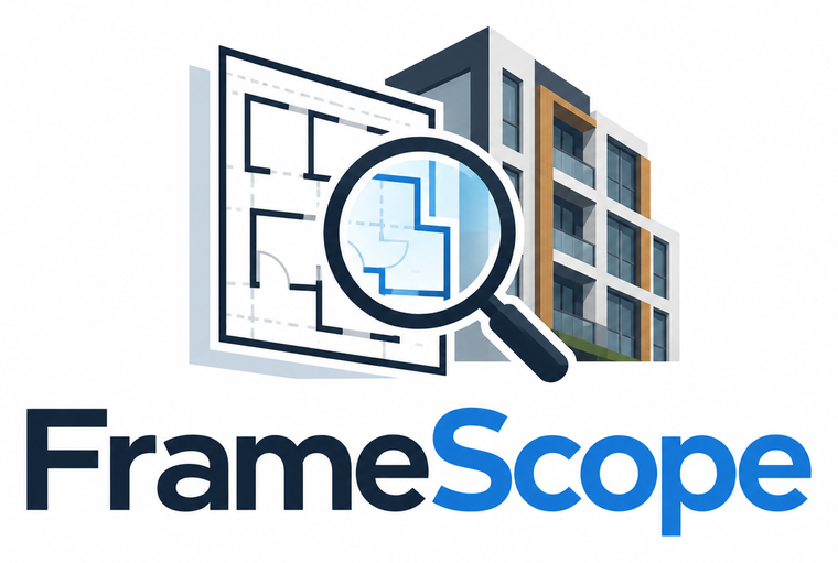 FrameScope logo: a magnifier over a floor plan beside a multifamily building
